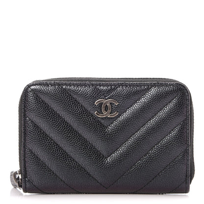 Chanel Iridescent Caviar Chevron Quilted Zip Around Coin Purse Black 1 of 8