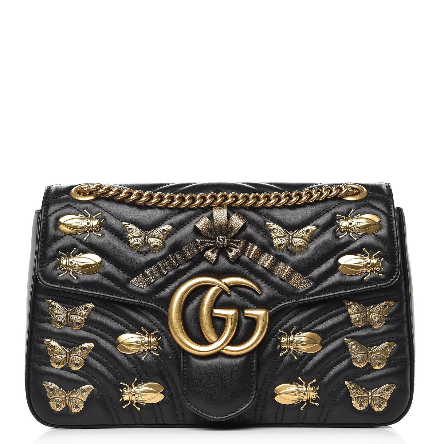 Calfskin Matelasse Animal Studs Medium GG Marmont Shoulder Bag Black