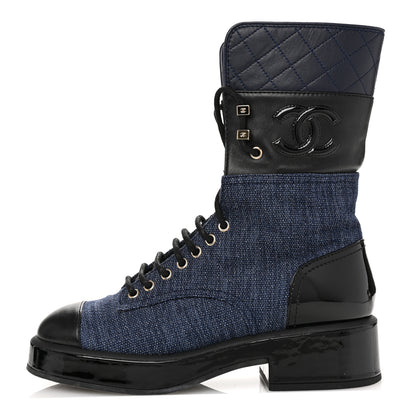 Chanel Fabric Patent Lambskin Quilted CC Lace Up Combat Boots 37 Navy Blue Black 1 of 11