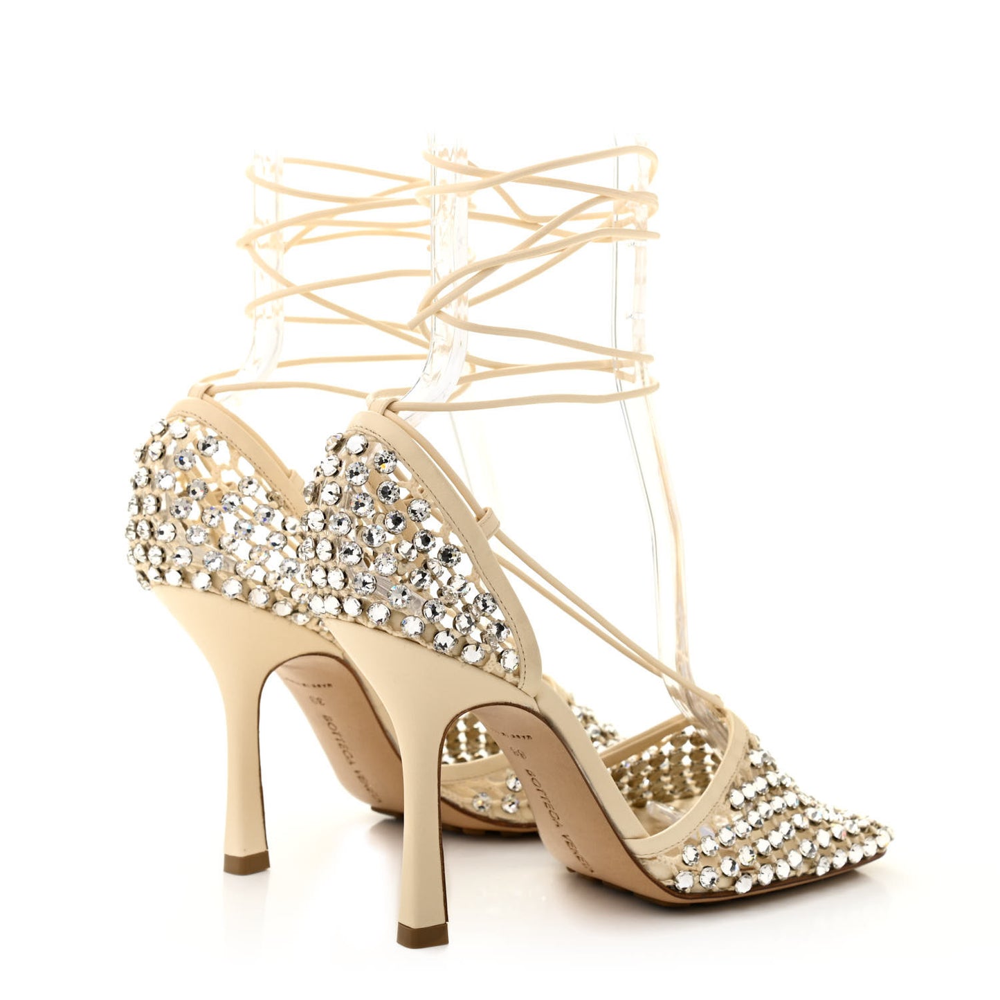 Mesh Nappa Crystal Embellished Sparkle Stretch Ankle Tie Sandals 38 Toile