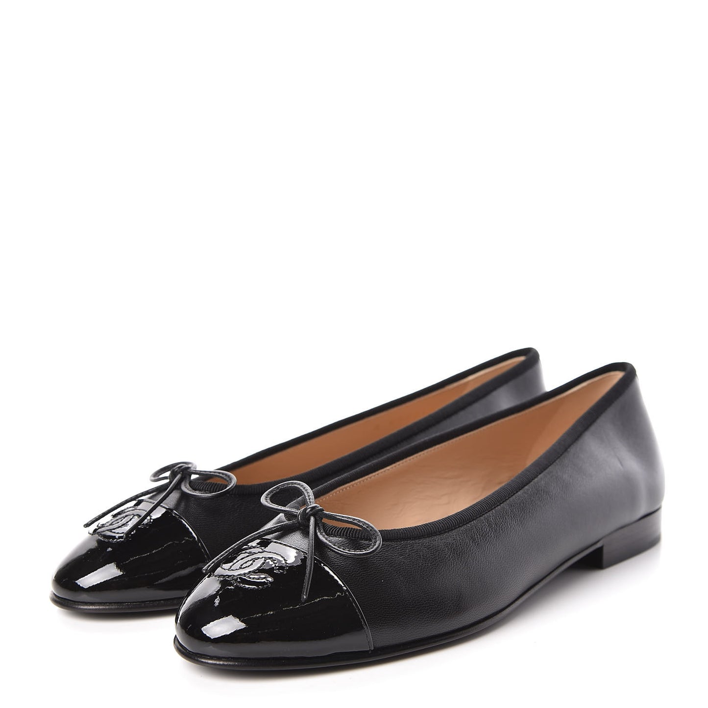 Lambskin Patent Cap Toe Ballerina Flats 38 Black