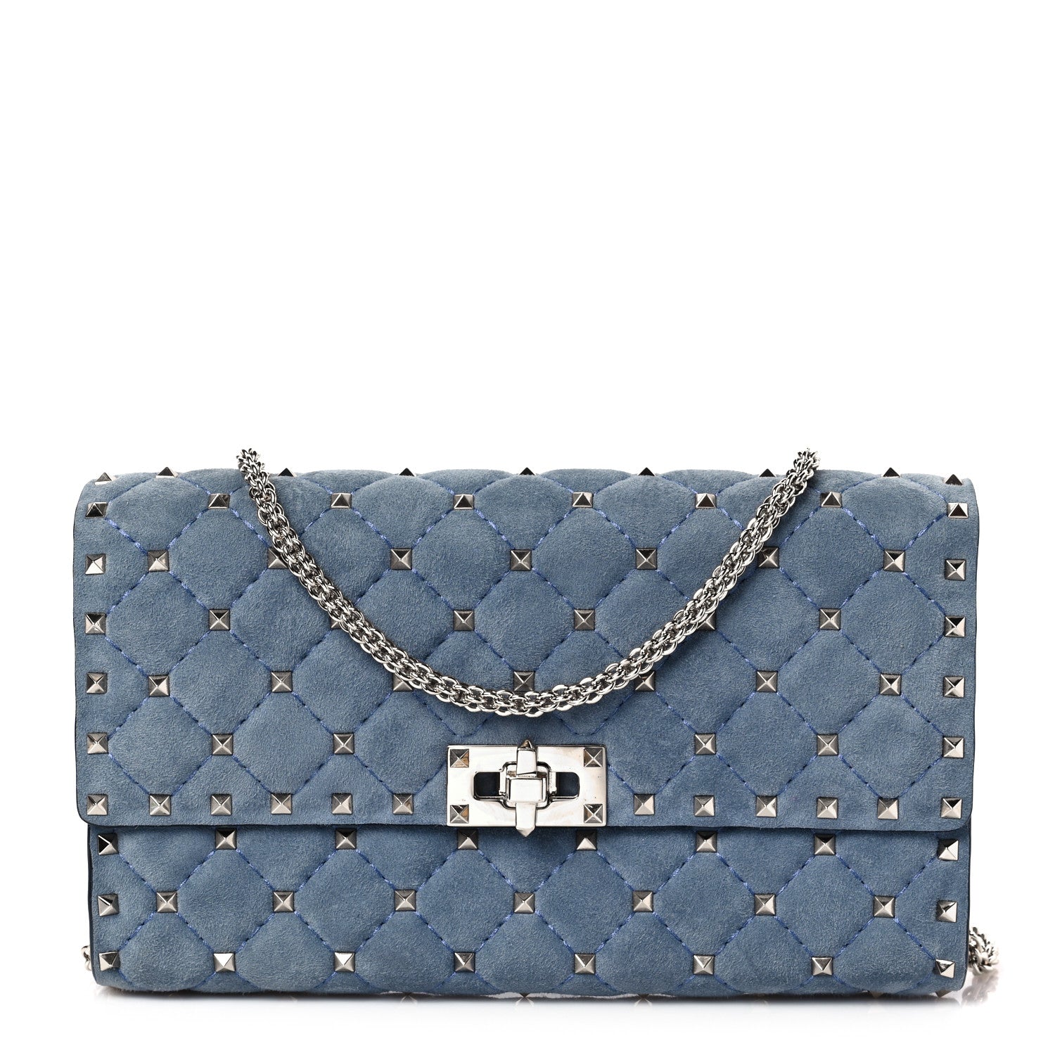 Valentino Garavani Suede Rockstud Spike Wallet on Chain Bright Blue 1 of 6