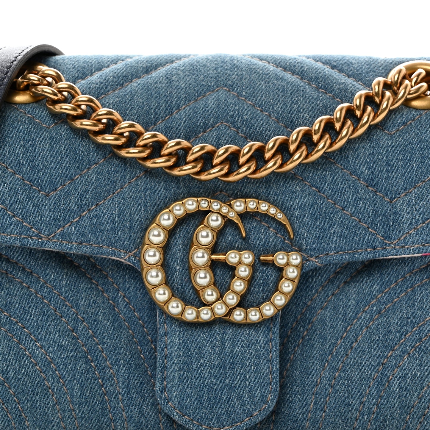 Denim Matelasse Mini Pearly GG Marmont Shoulder Bag Blue