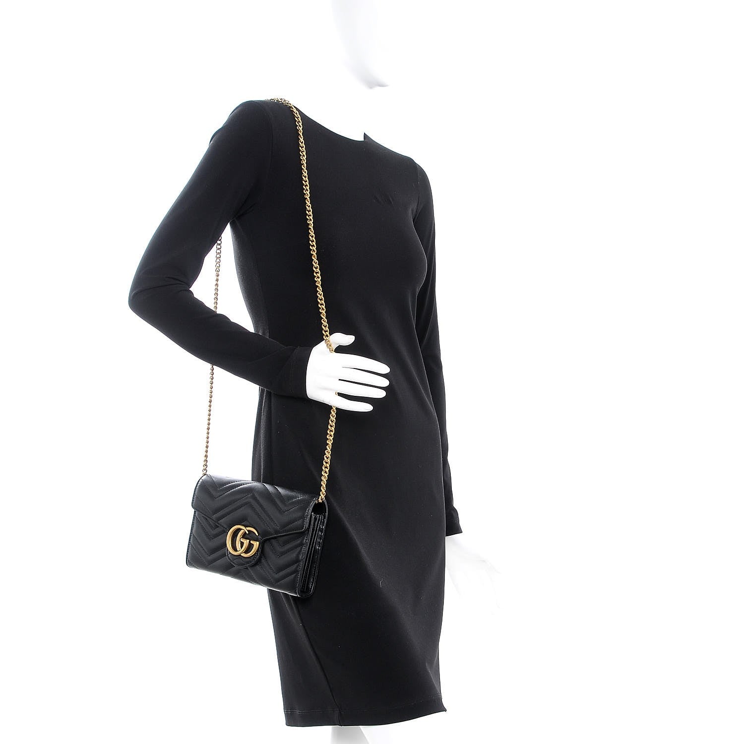 Gucci Calfskin Matelasse GG Marmont Chain Wallet Black 2 of 7