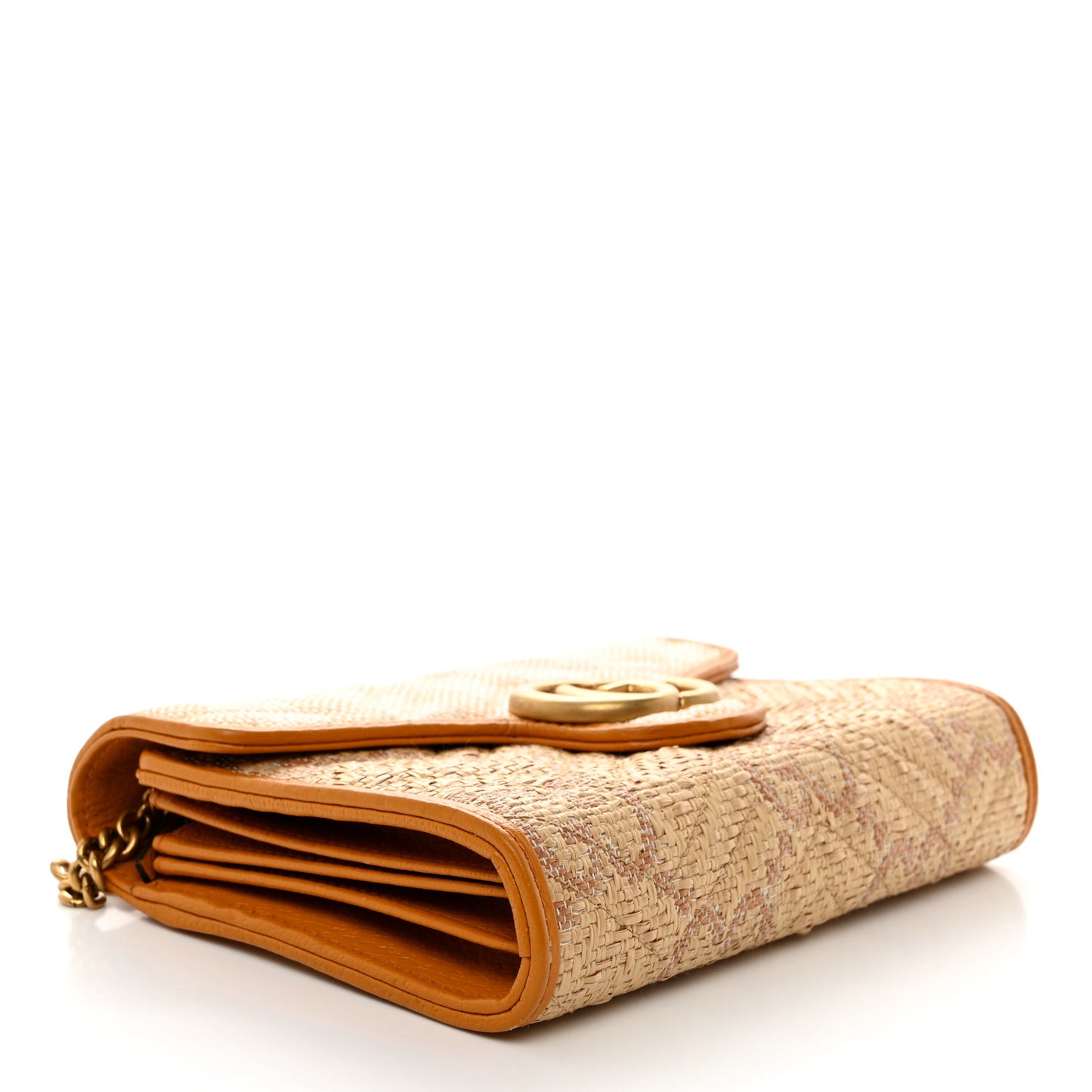 Raffia GG Monogram Matelasse GG Marmont Chain Wallet Natural Beige Off White Sun Oil