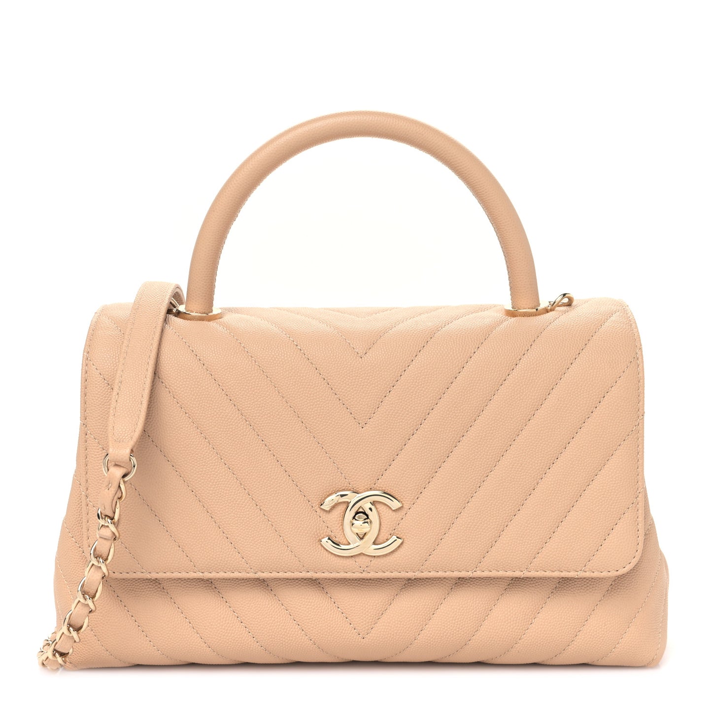 Caviar Chevron Quilted Small Coco Handle Flap Beige