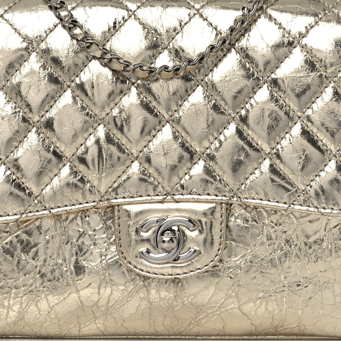 Metallic Crackled Calfskin Medium Clam's Pocket Flap Gold