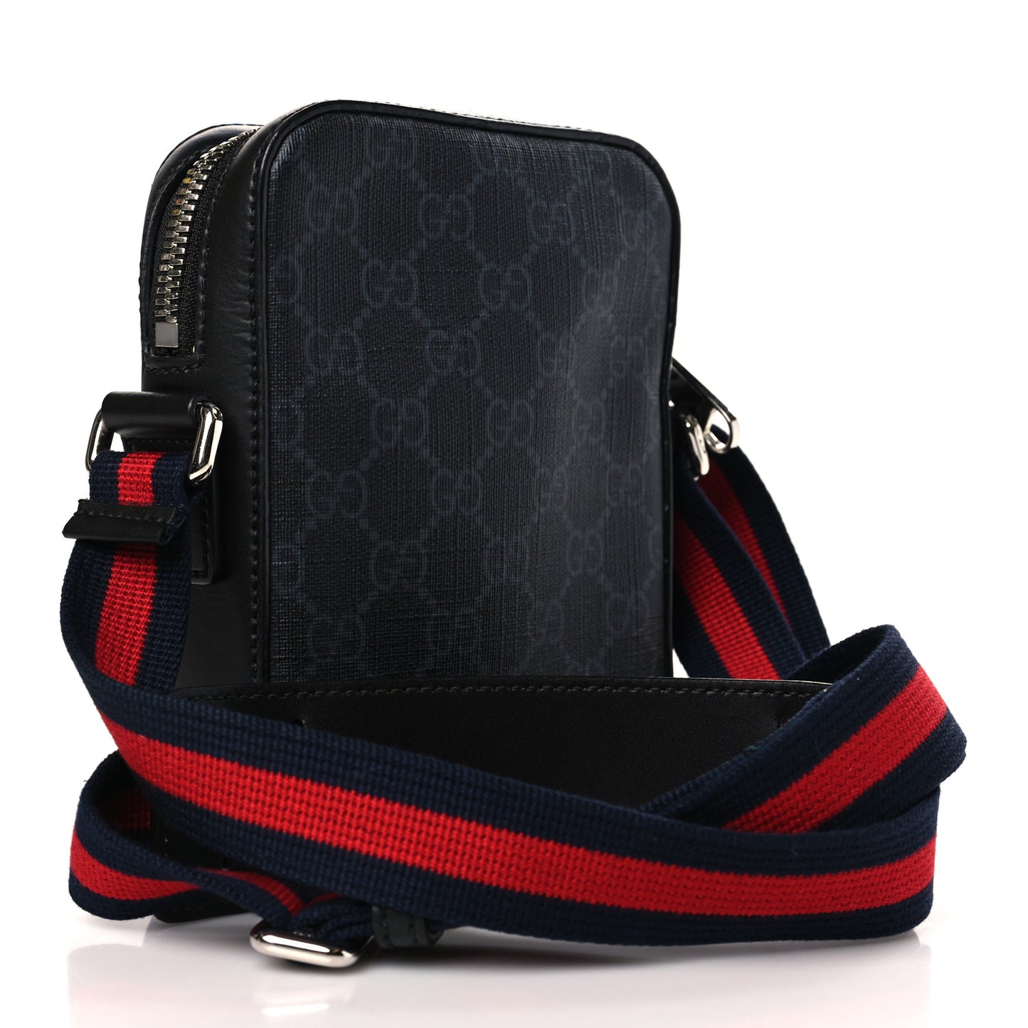 GG Supreme Monogram Appia Calfskin Web Small Camera Messenger Bag Black Grey