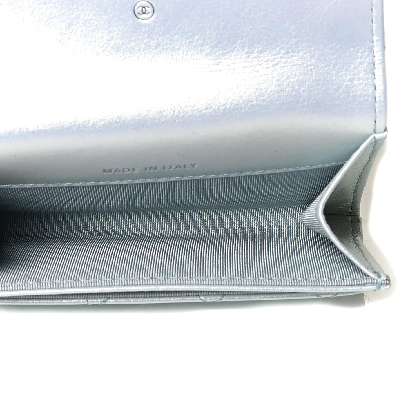 Iridescent Calfskin Quilted Flap Card Holder Light Blue