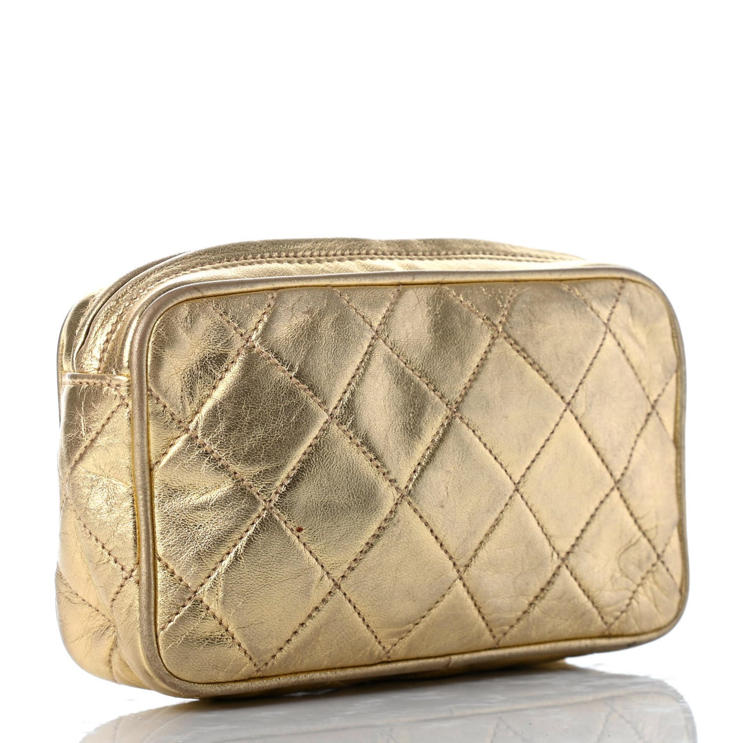 Metallic Lambskin Quilted Tassel Cosmetic Case Gold