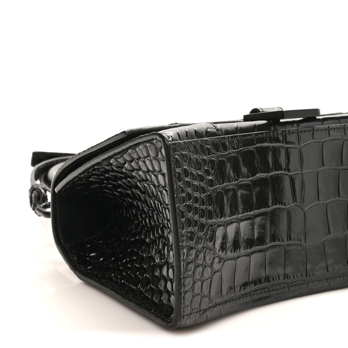 Shiny Calfskin Monochrome Crocodile Embossed Small Hourglass Top Handle Bag Black