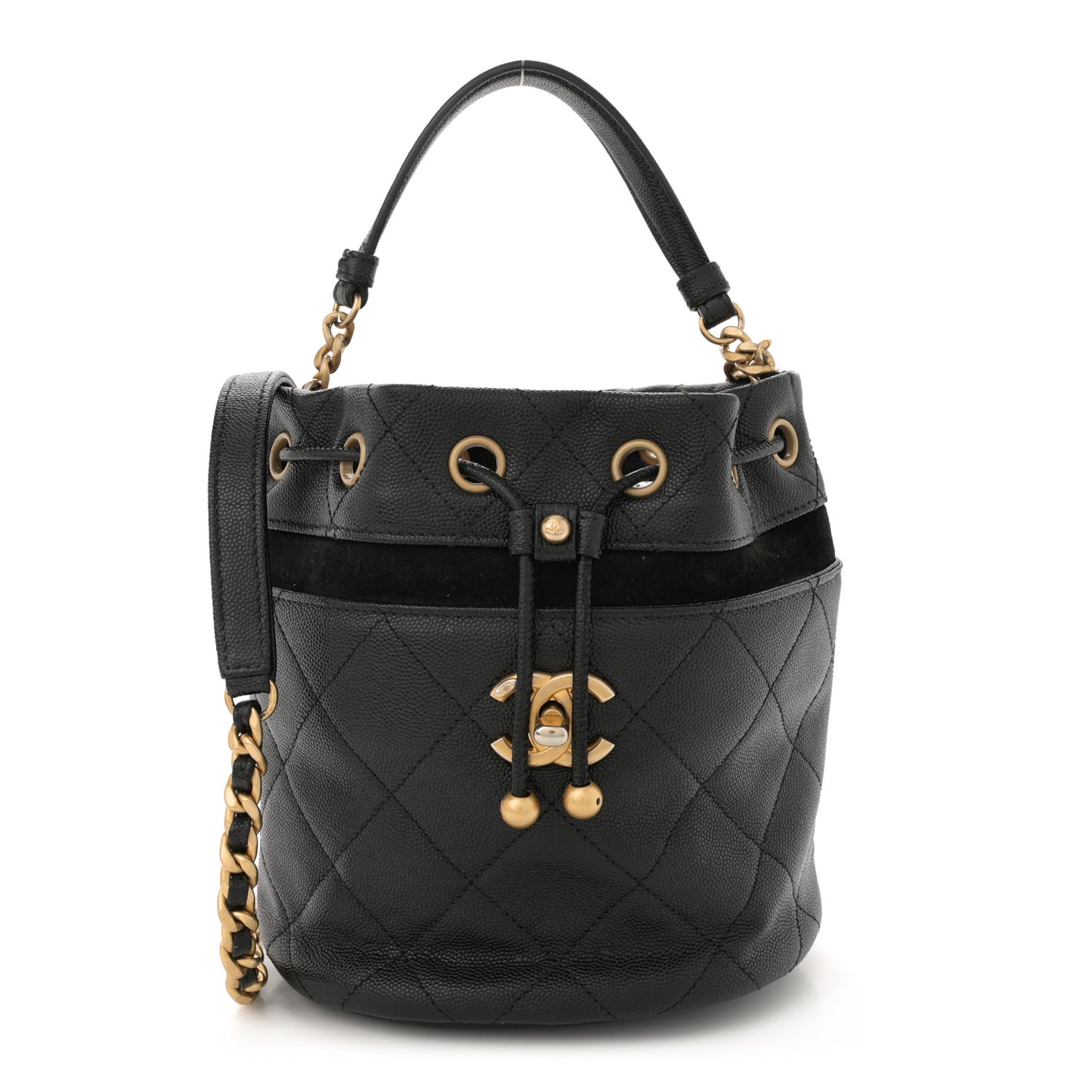 Caviar Suede Quilted Drawstring Bucket Bag Black