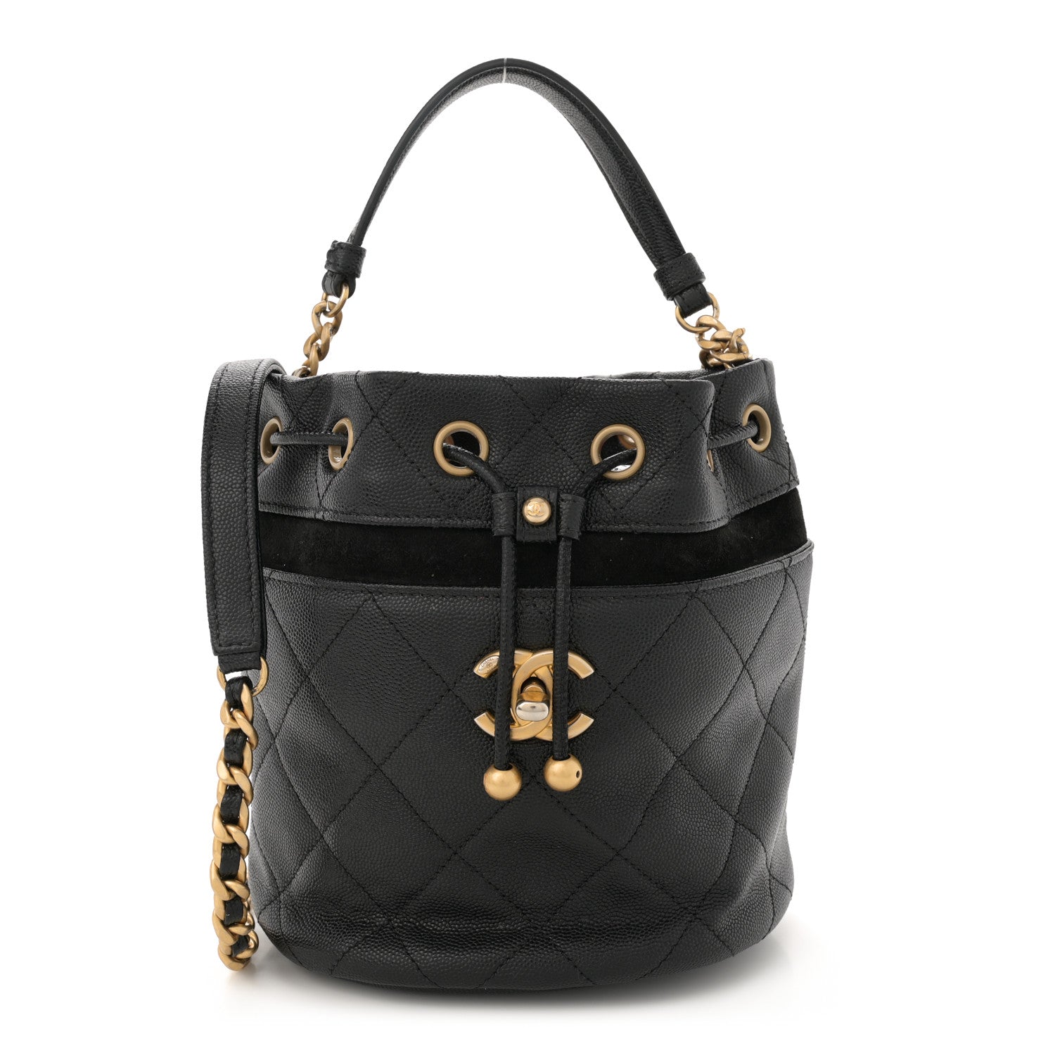Chanel Caviar Suede Quilted Drawstring Bucket Bag Black 1 of 13