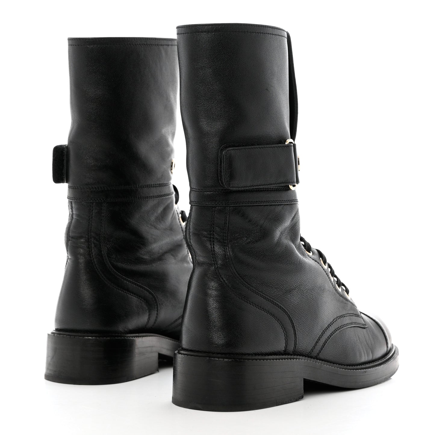 Shiny Calfskin Lace Up Combat Boots 37 Black