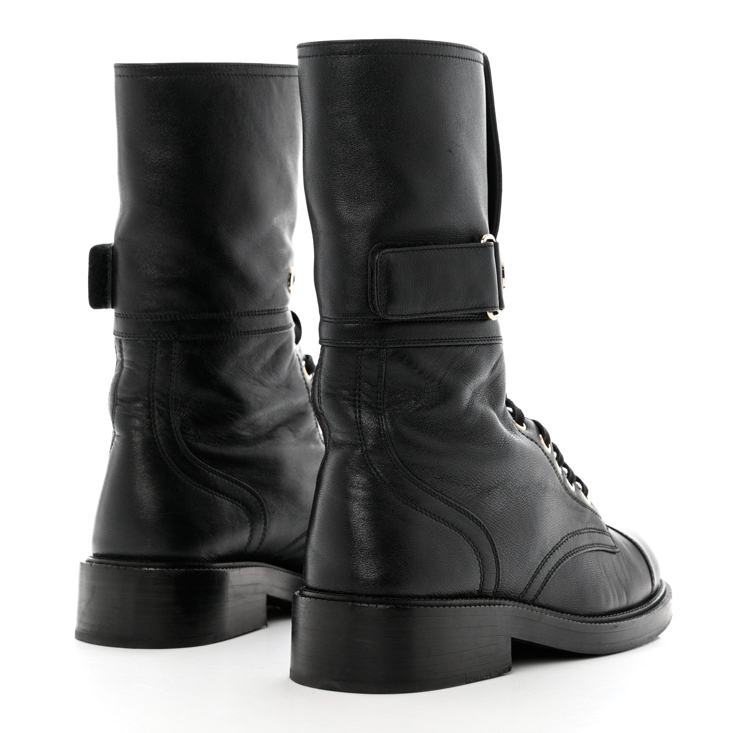 Chanel Shiny Calfskin Lace Up Combat Boots 37 Black 4 of 10