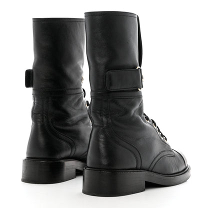 Chanel Shiny Calfskin Lace Up Combat Boots 37 Black 4 of 10