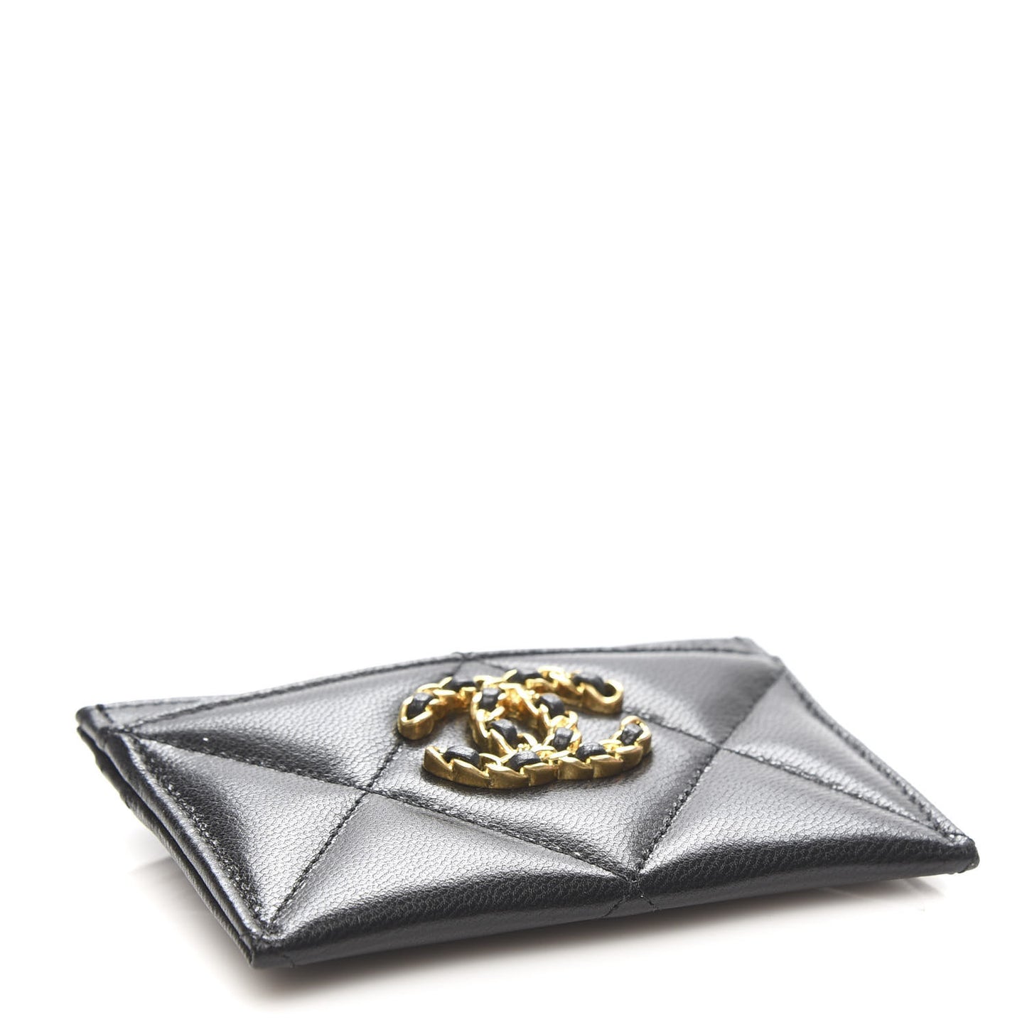 Shiny Goatskin Quilted Chanel 19 Card Holder Black