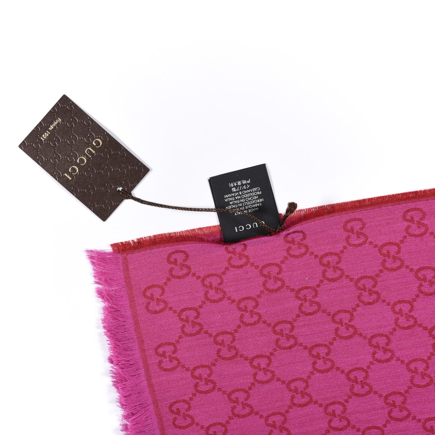 Wool Silk GG Monogram GGWeblong Fringe Scarf Shawl Red Pink