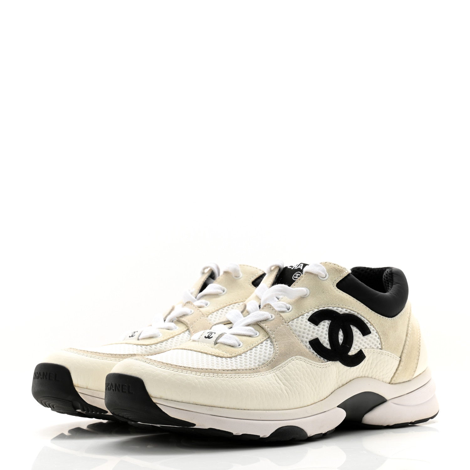 Chanel Mesh Suede Calfskin Grained Calfskin Womens CC Sneakers 39.5 White Black 3 of 14