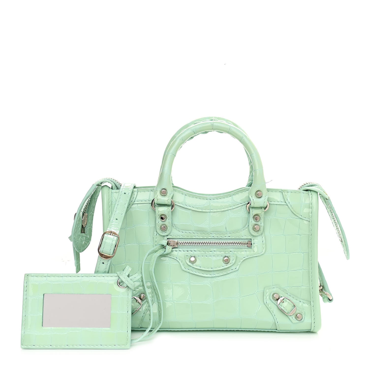 Balenciaga Patent Crocodile Embossed Classic Silver Hardware Nano City Light Green 1 of 15