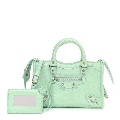 Balenciaga Patent Crocodile Embossed Classic Silver Hardware Nano City Light Green 1 of 15