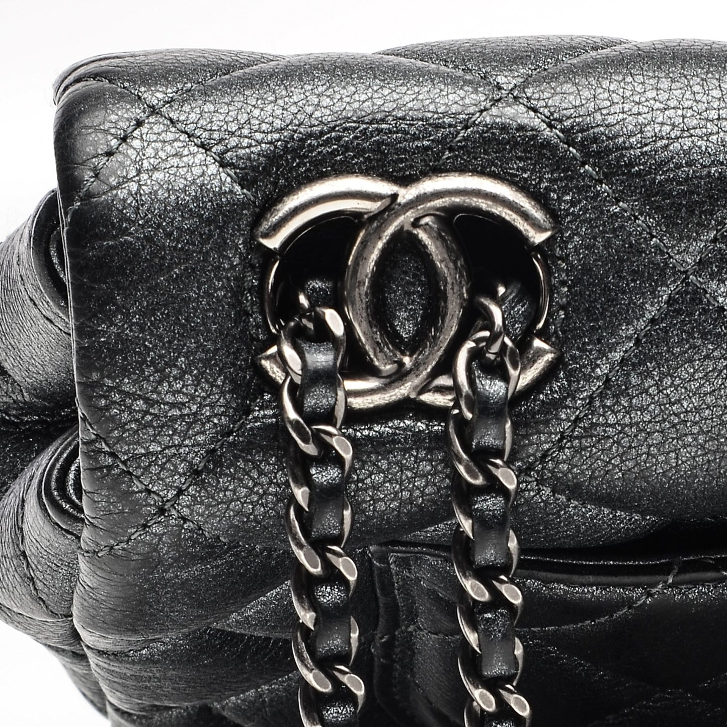 Metallic Calfskin Quilted Medium Medallion Flap Dark Silver