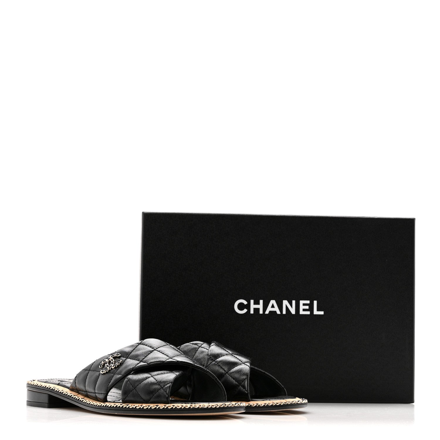 Chanel Shiny Lambskin Quilted Chain CC Sandals 40 Black 10 of 10