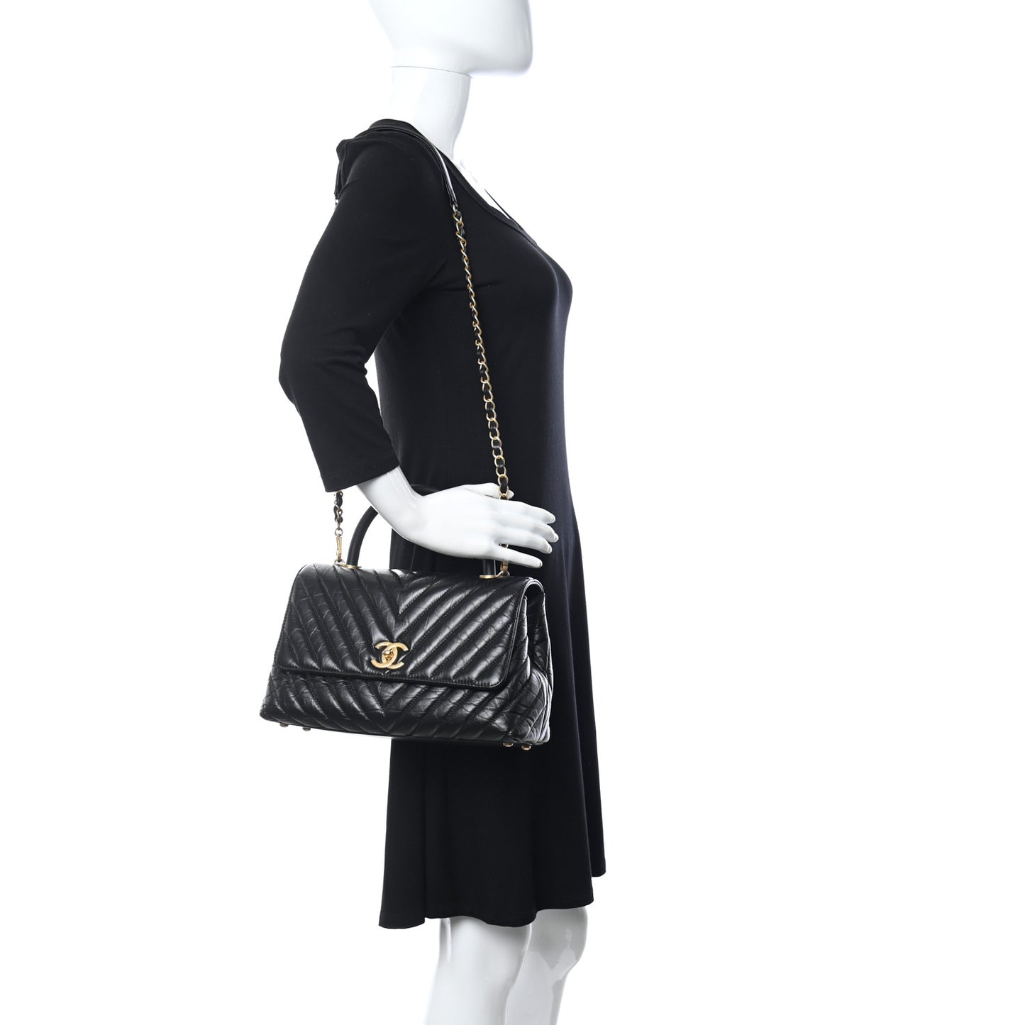 Aged Calfskin Chevron Quilted Small Coco Handle Flap Black