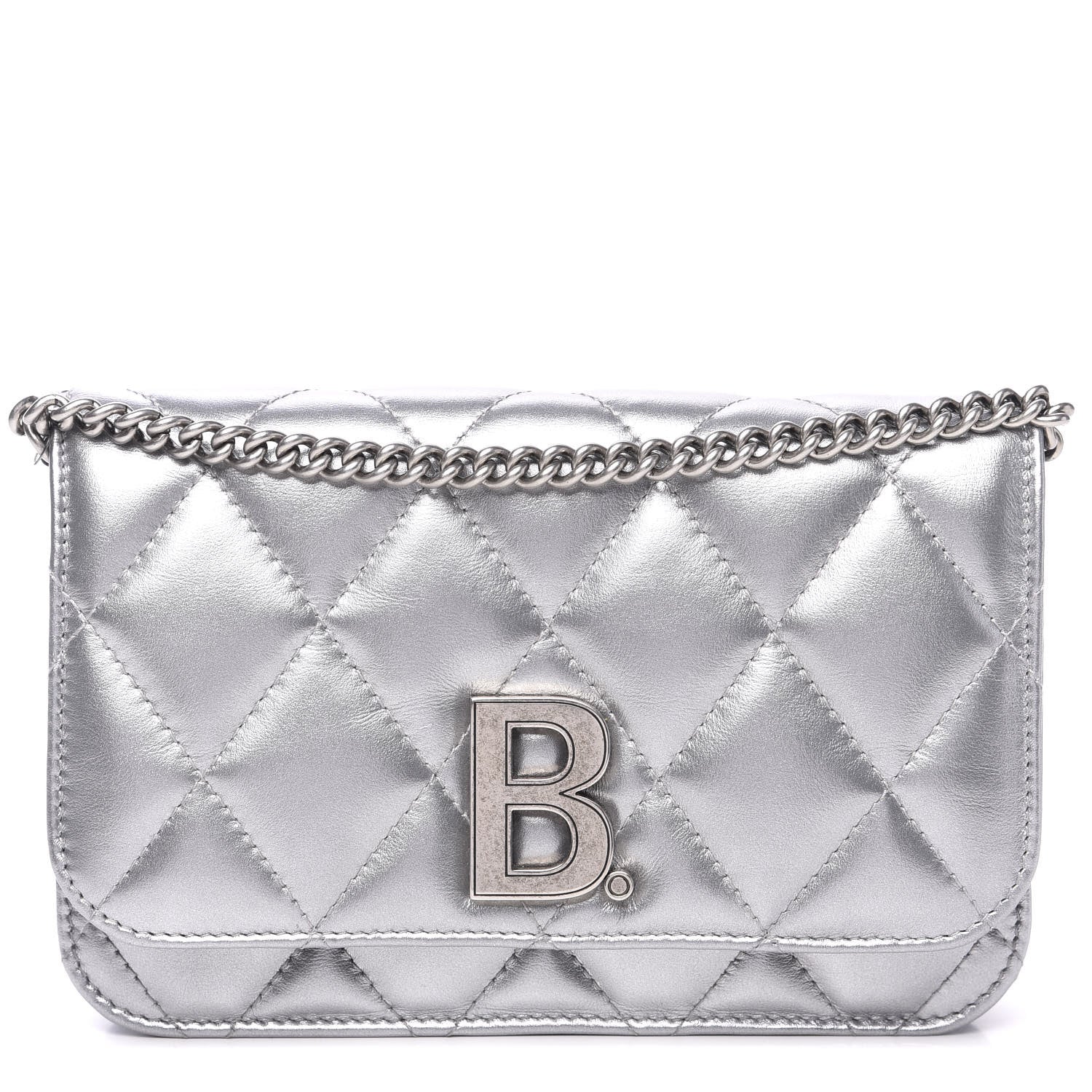 Balenciaga Metallic Calfskin Quilted Touch B Wallet On Chain Silver 1 of 8