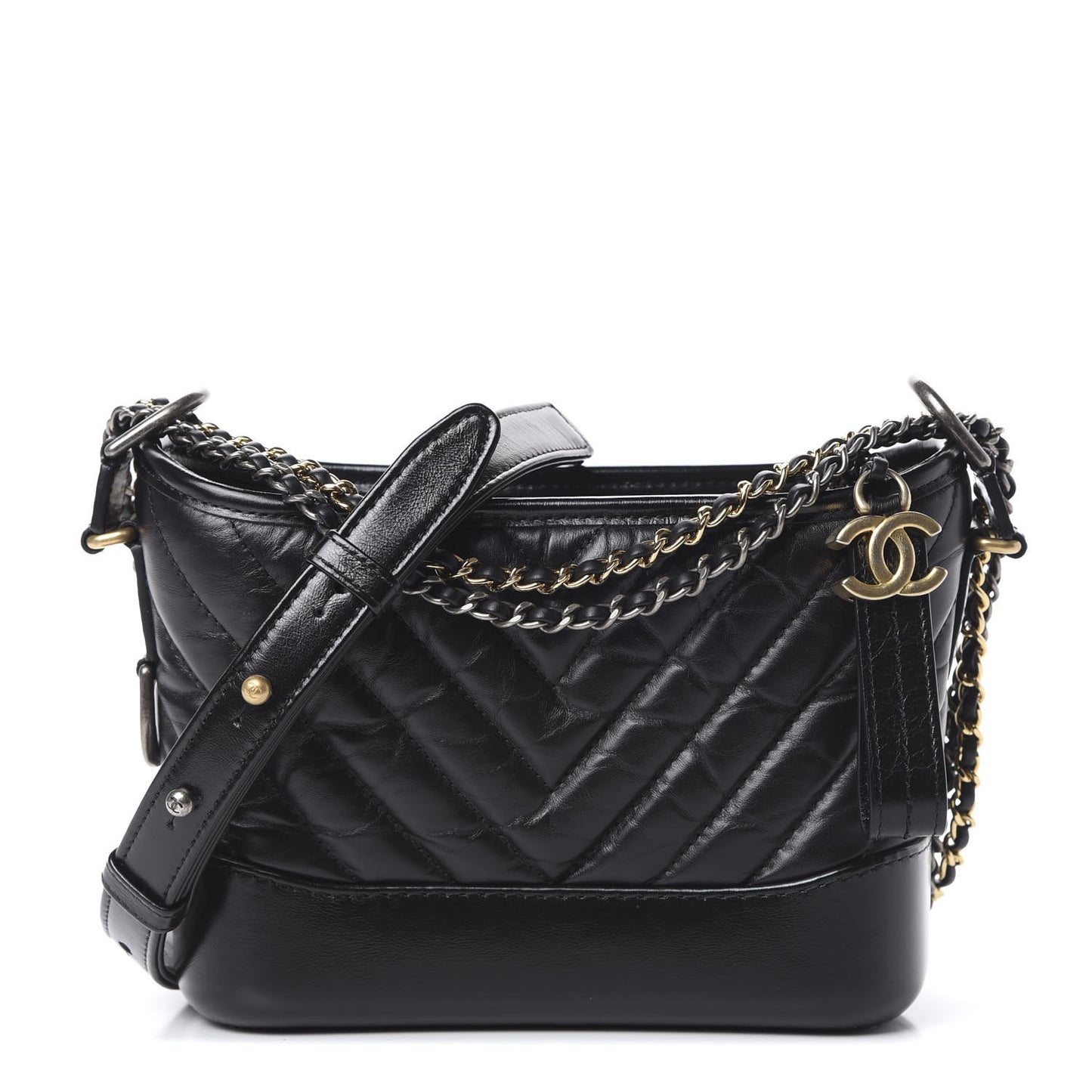 Aged Calfskin Chevron Quilted Small Gabrielle Hobo Black