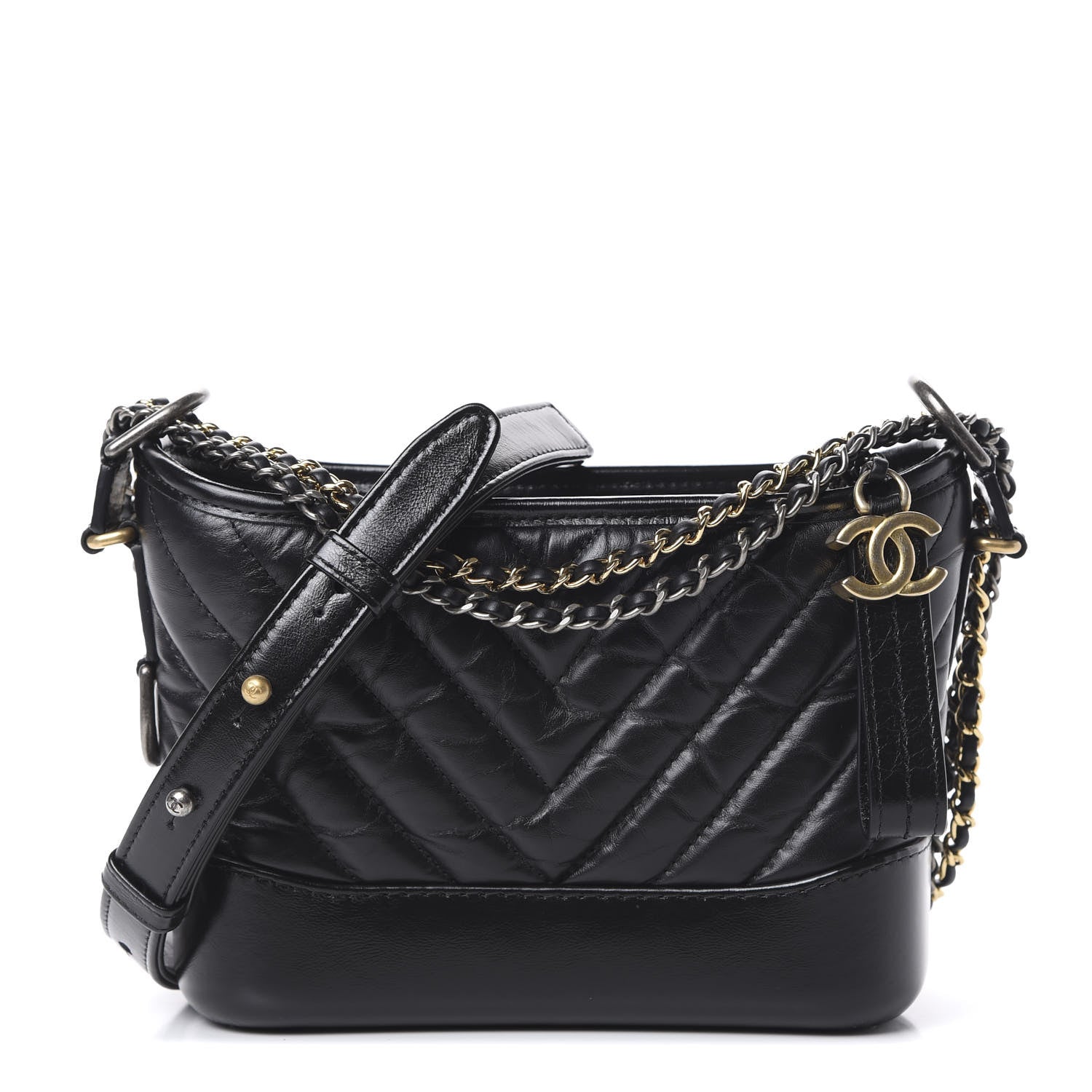 Chanel Aged Calfskin Chevron Quilted Small Gabrielle Hobo Black 1 of 9