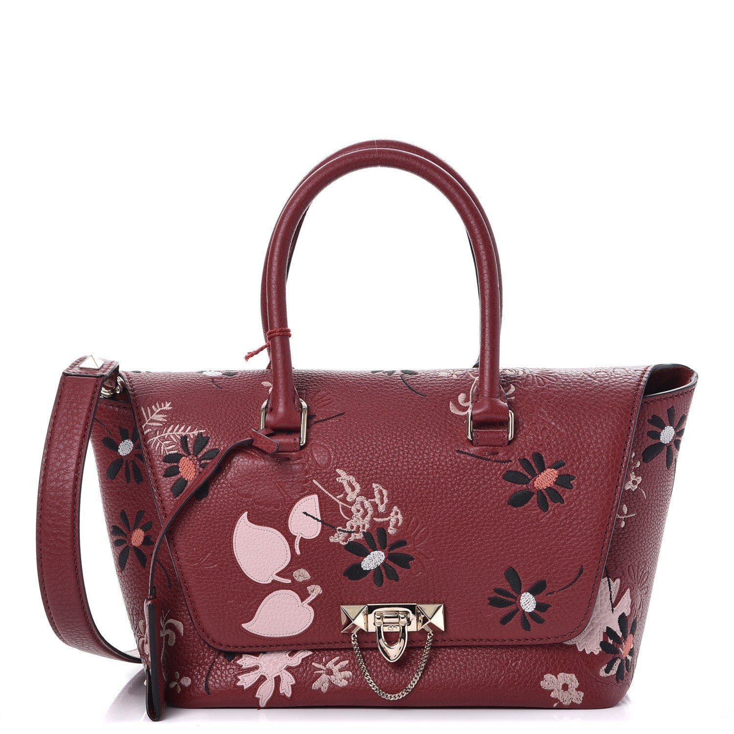 Valentino Garavani Alce Printed Calfskin Flower Embroidered Small Demilune Double Handle Satchel Rubino 1 of 7