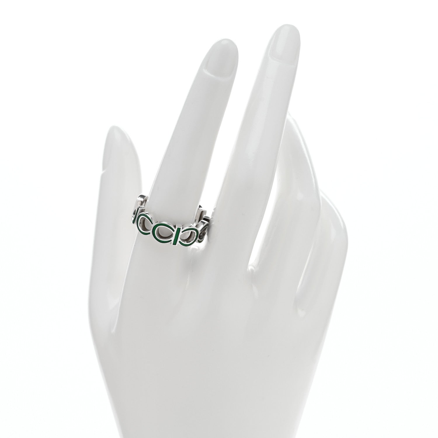 Gucci Sterling Silver Enamel Interlocking G Logo Ring 61 9.5 Green 2 of 5