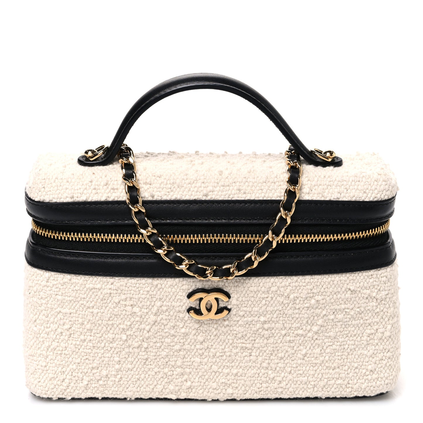 Boucle Calfskin Top Handle Slim Vanity Case With Chain Ecru Black