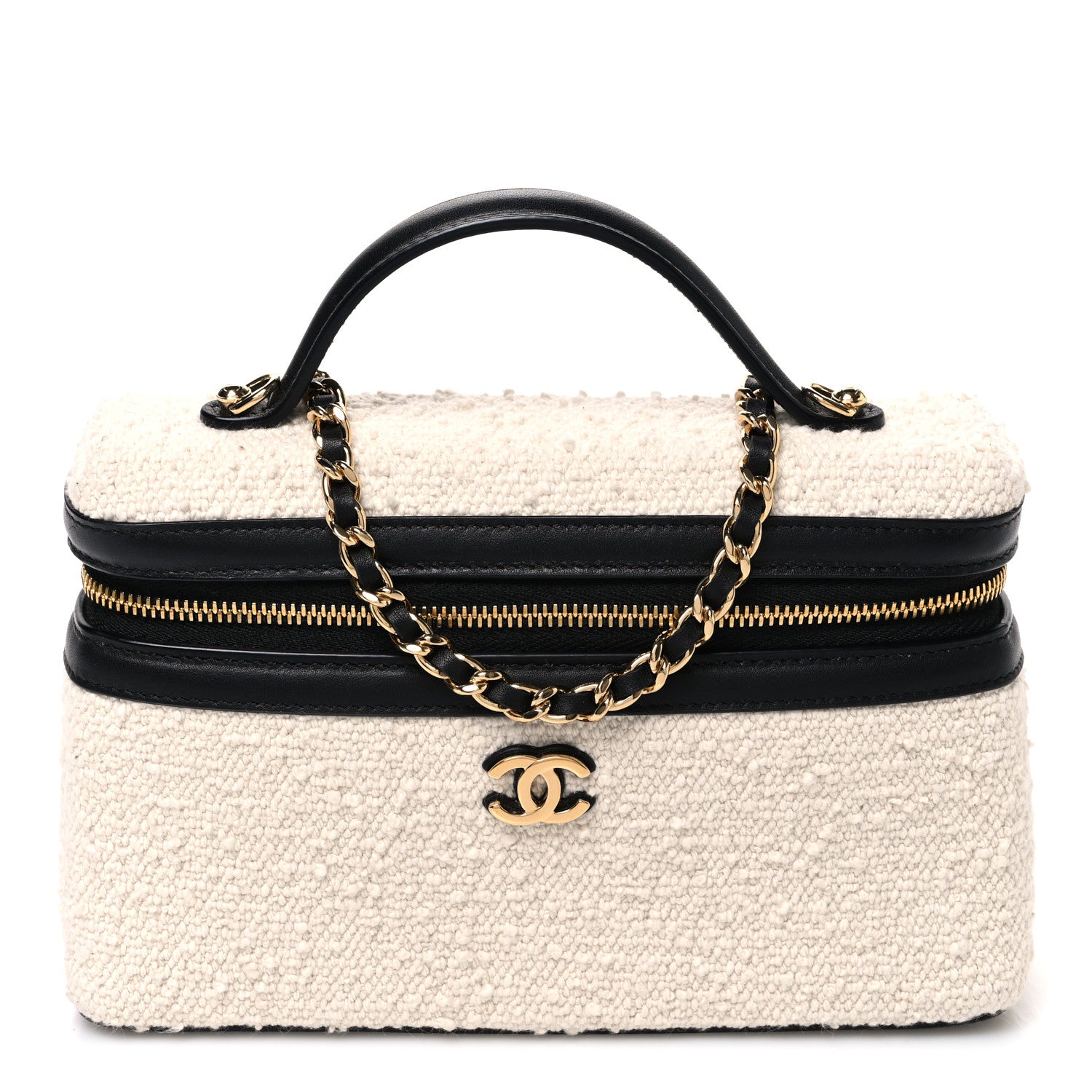 Chanel Boucle Calfskin Top Handle Slim Vanity Case With Chain Ecru Black 1 of 9