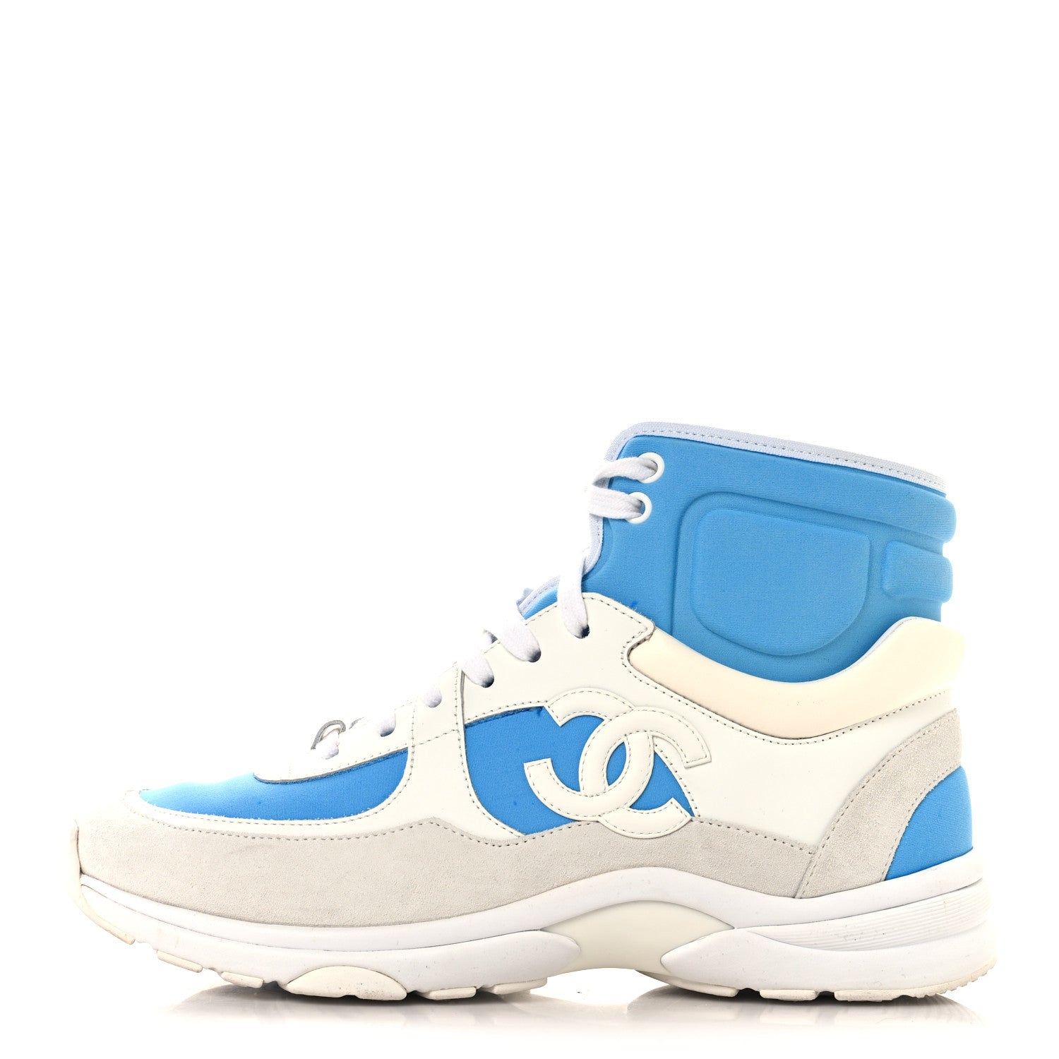 Chanel Suede Calfskin Lambskin High Top CC Sneakers 39 White Blue 1 of 8