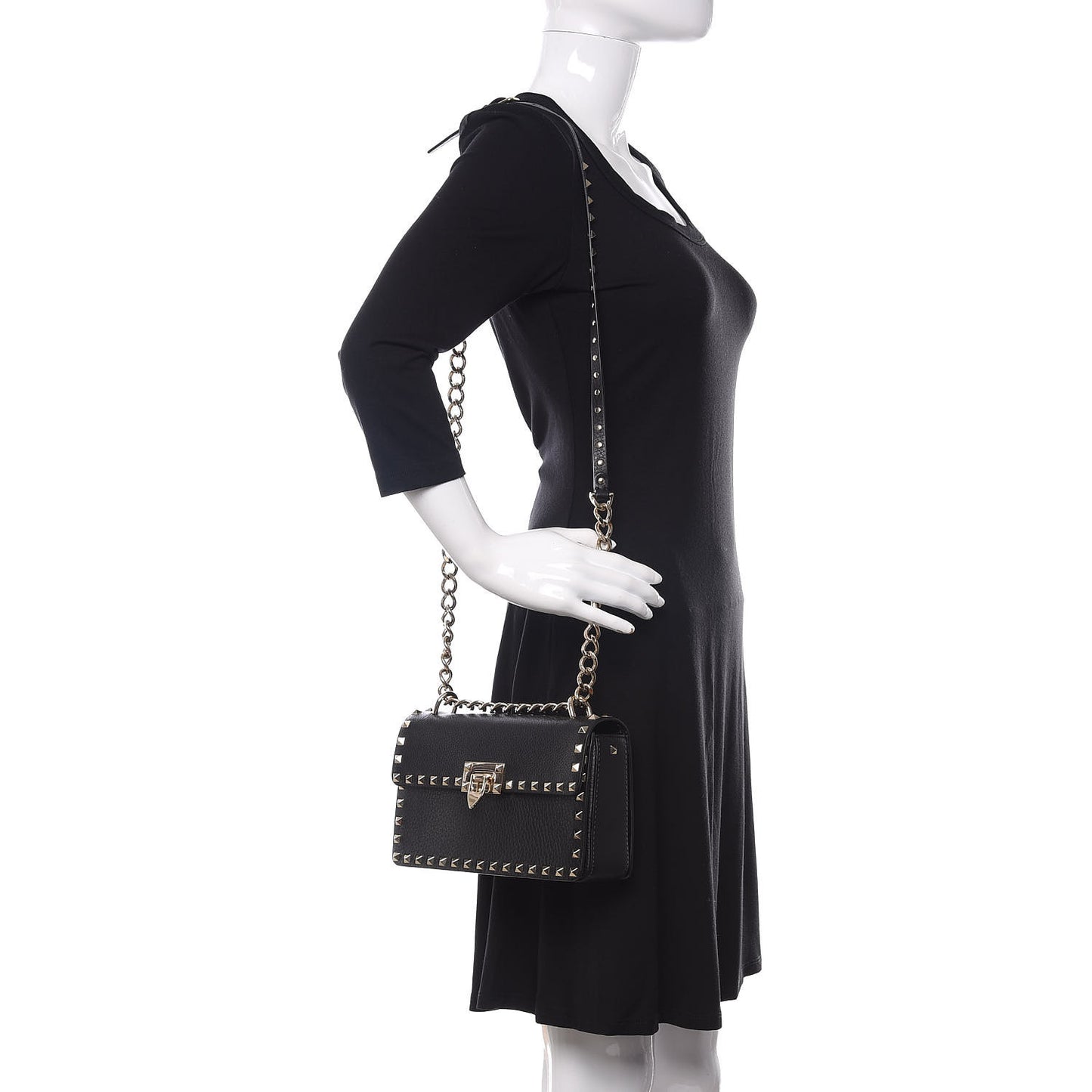 Grained Calfskin Medium Rockstud Chain Bag Black