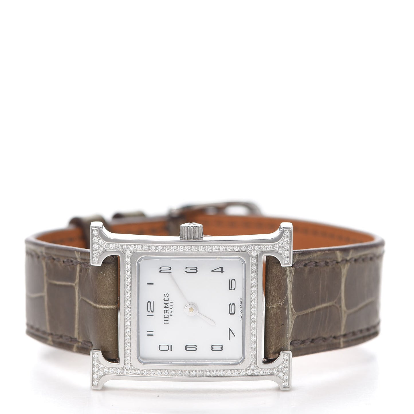 Stainless Steel Alligator Diamond Bezel Mother of Pearl 21mm Heure H Hour Quartz Watch Gris Elephant