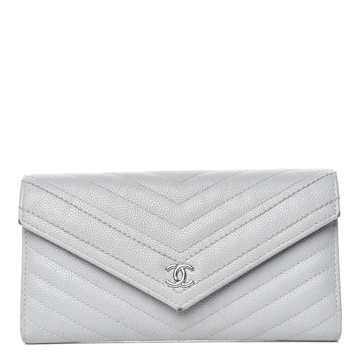 Chanel Caviar Chevron Quilted Large Gusset Flap Wallet Grey 1 of 17
