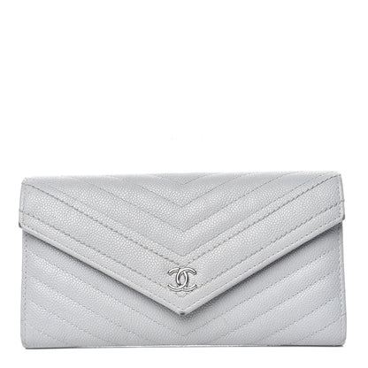 Chanel Caviar Chevron Quilted Large Gusset Flap Wallet Grey 1 of 17