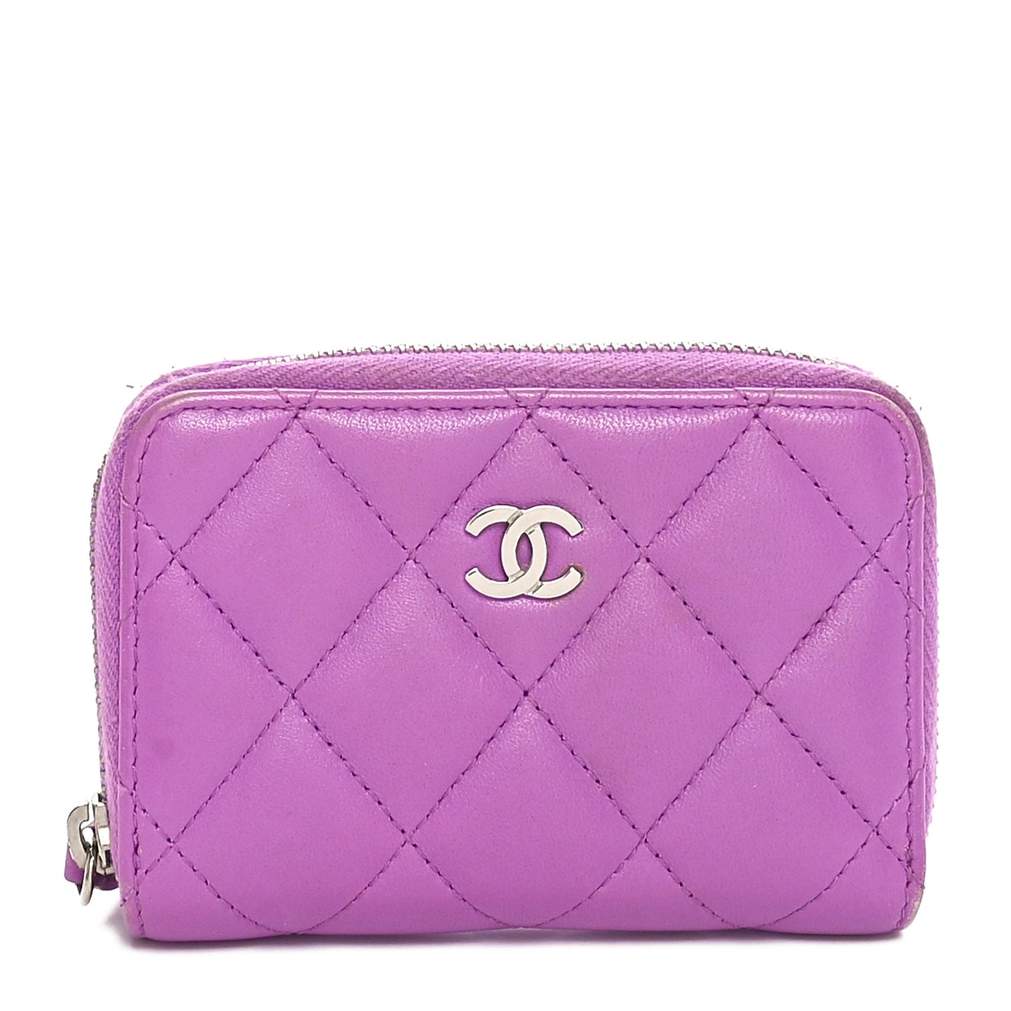 Lambskin Quilted Zip Around Coin Purse Wallet Purple