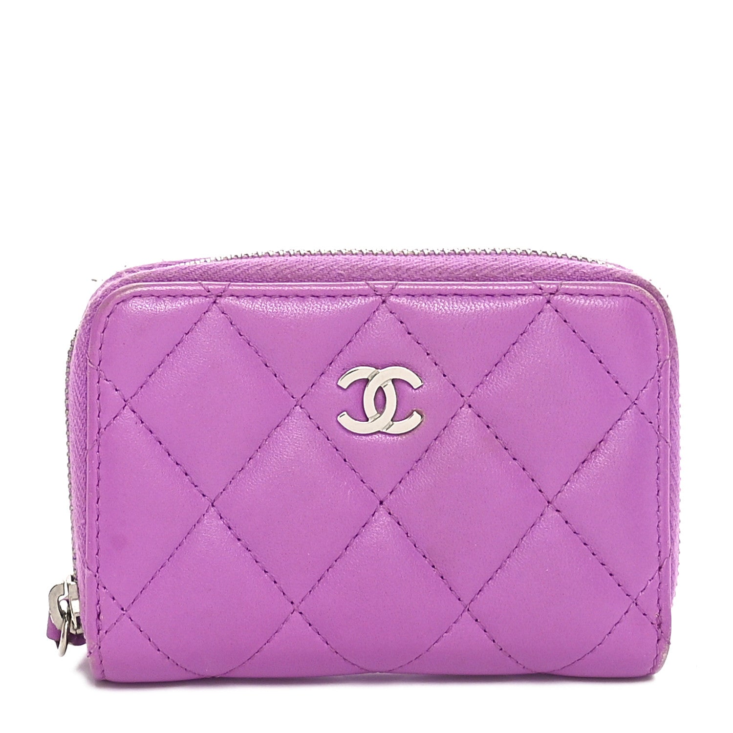 Chanel Lambskin Quilted Zip Around Coin Purse Wallet Purple 1 of 8
