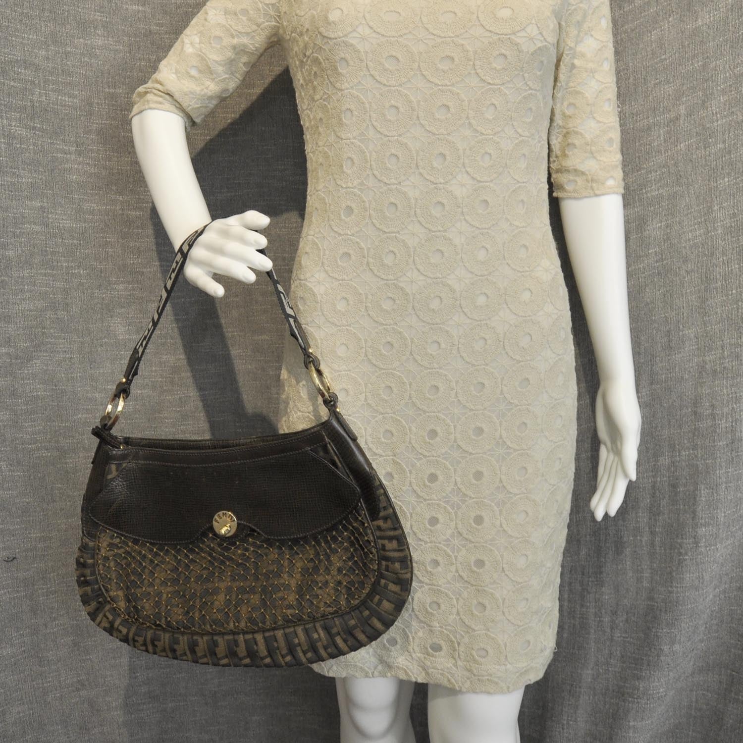 Fendi Leather Zucca Mille Feuille Shoulder Bag Tobacco 2 of 12
