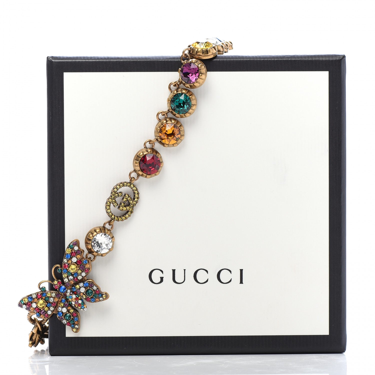 Gucci Crystal Butterfly Necklace Aged Gold Multicolor 711037