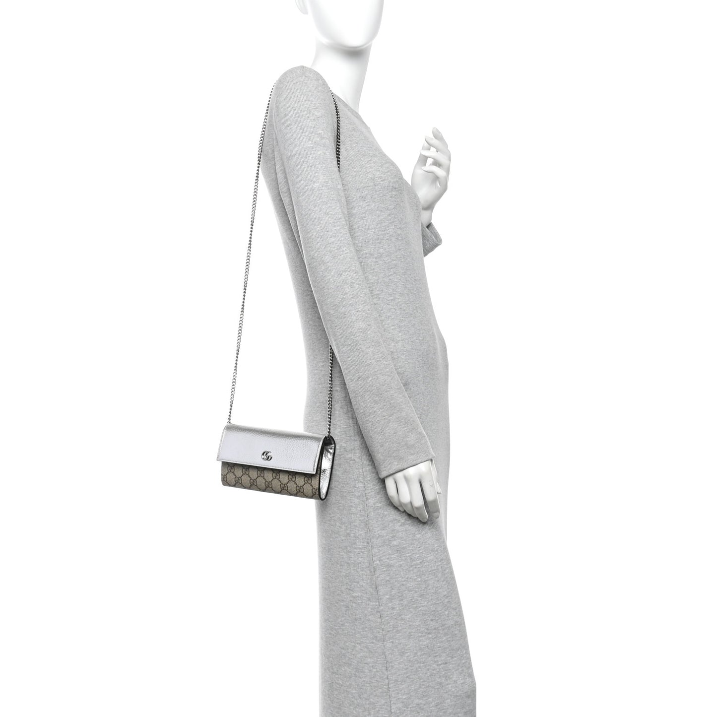 Metallic Calfskin GG Supreme Monogram Petite GG Marmont Wallet Chain Bag Silver Beige Ebony