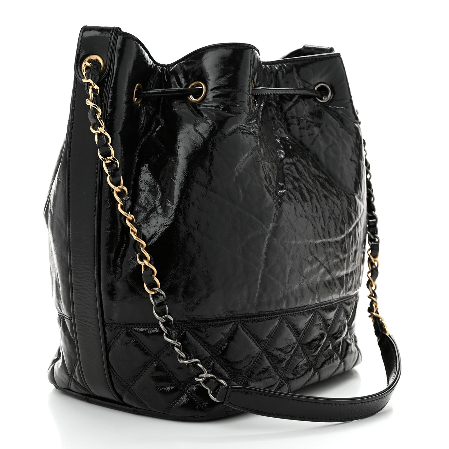 Shiny Aged Calfskin CC Chain Drawstring Bag Black