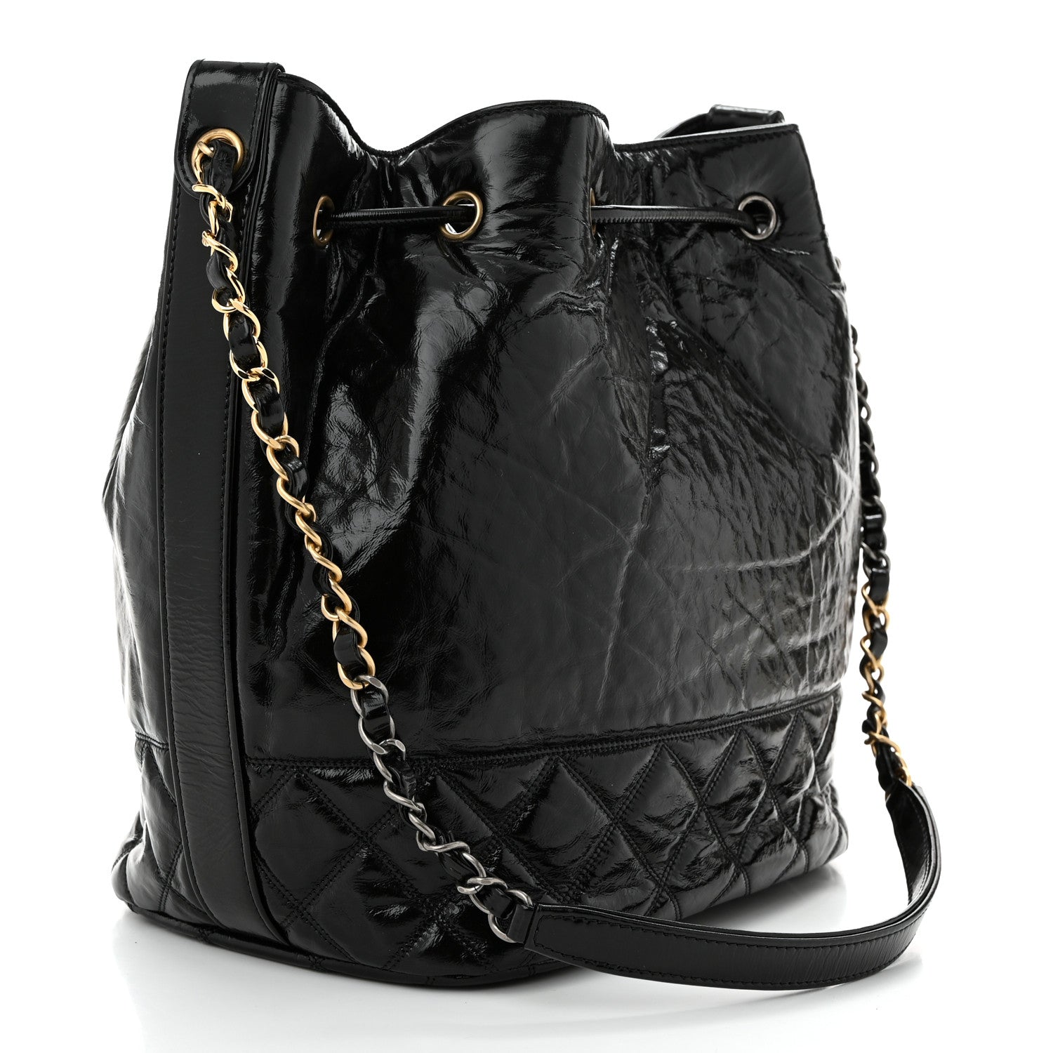 Chanel Shiny Aged Calfskin CC Chain Drawstring Bag Black 3 of 10