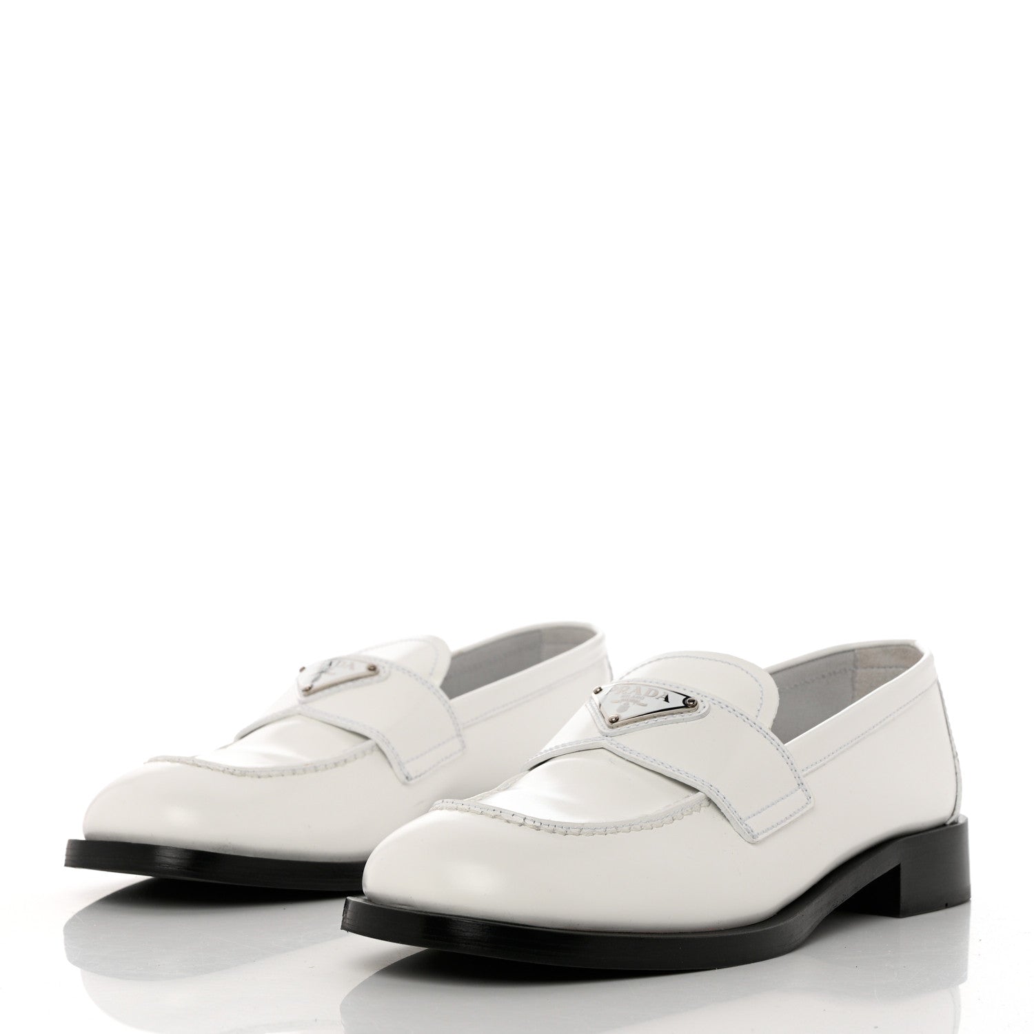 Prada Brushed Calfskin Metal Triangle Logo 20mm Loafers 38.5 White 3 of 9