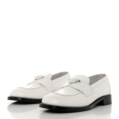 Prada Brushed Calfskin Metal Triangle Logo 20mm Loafers 38.5 White 3 of 9