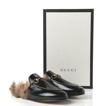 Gucci Patent Fur Womens Princetown Slippers 37 Black Natural 8 of 8